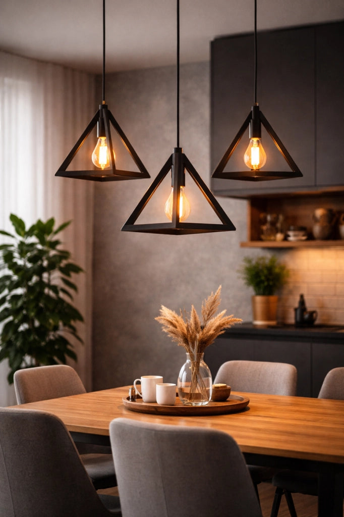 Lampadario a Sospensione E27 in Metallo Nero Design Geometrico Moderno Stile Industriale, Lampada a Soffitto per Cucina Soggiorno Camera