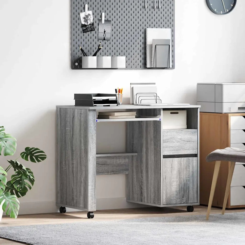 Scrivania | Tavolo da Ufficio con Ruote con cassetto Grigio Sonoma 91 x 50 x 77 cm