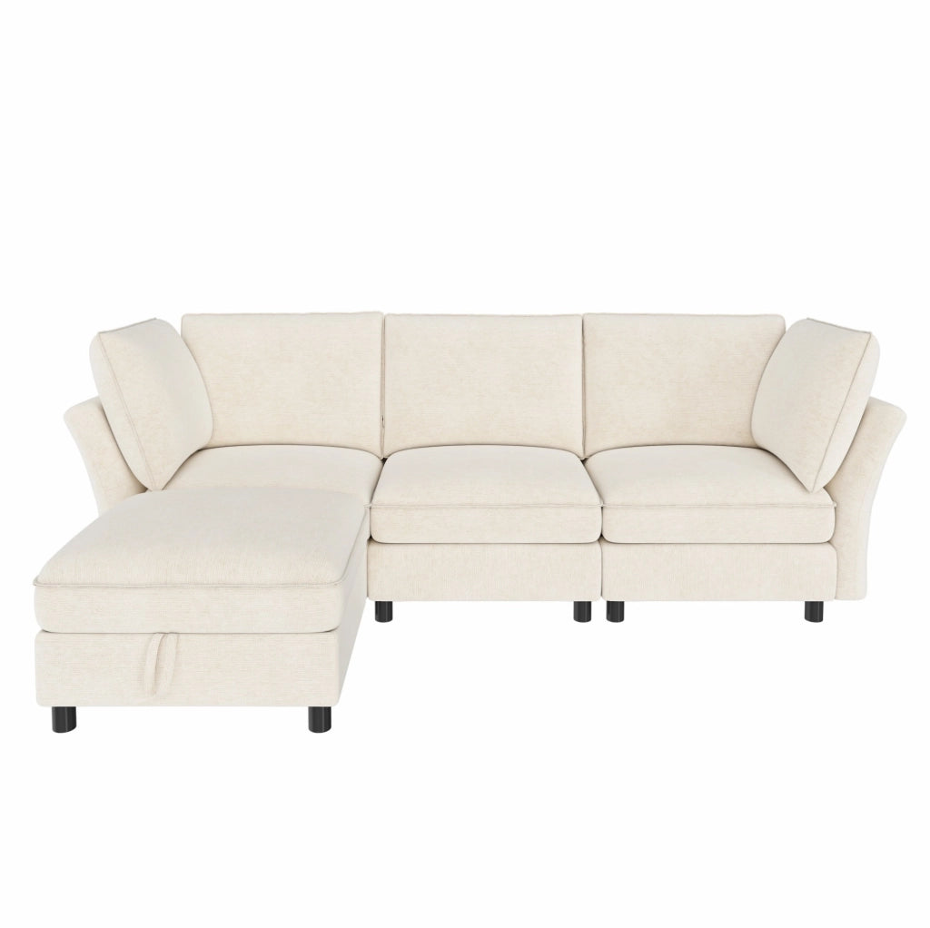 Divano modulare a L con pouf contenitore, 4-5 posti, tessuto chenille, beige