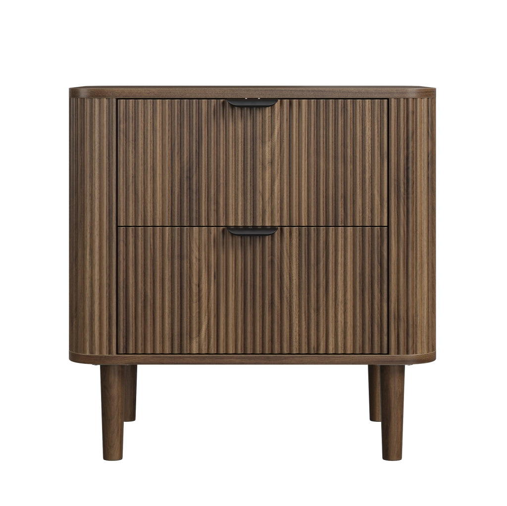 Comodino in MDF effetto noce con 2 cassetti e frontali scanalati