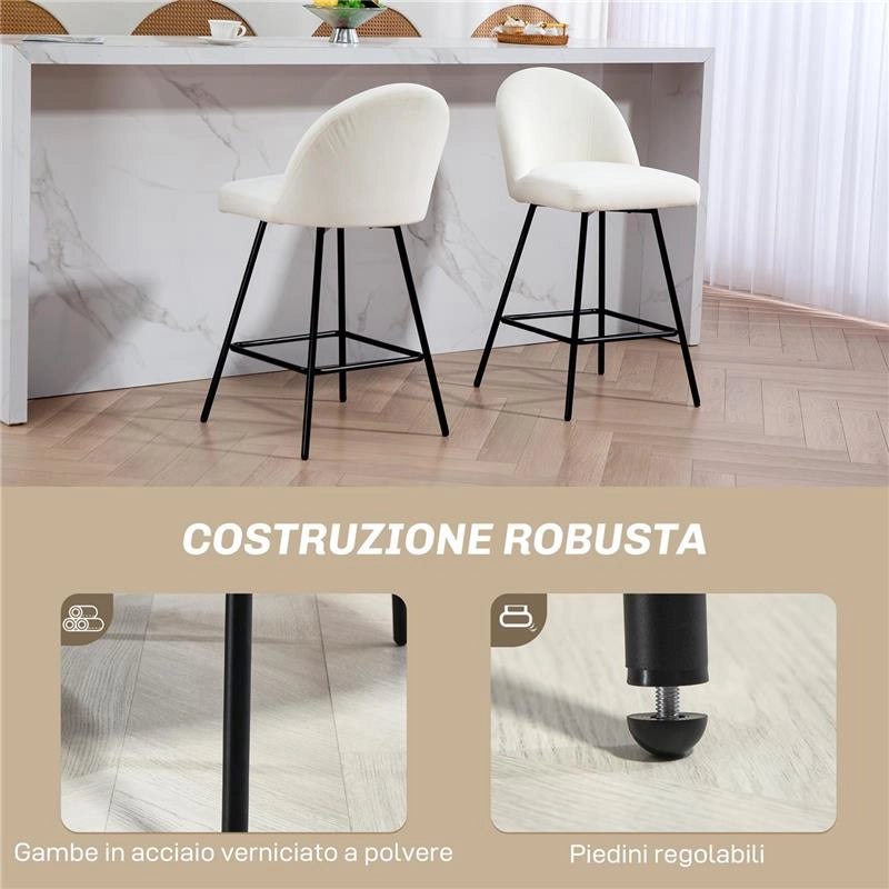 SET DA 2 SGABELLI DA BAR CON SCHIENALE IN VELLUTO E POGGIAPIEDI IN ACCIAIO BIANCO CREMA