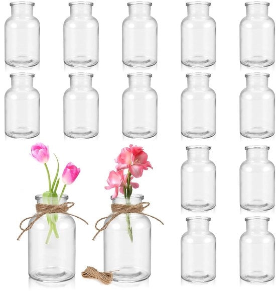 Set di vaschette in vetro, 16 pezzi, 125 ml, con 20 m di corda di juta, set di vaschette decorative per decorazione da tavola, punti centrali, decorazioni di matrimonio