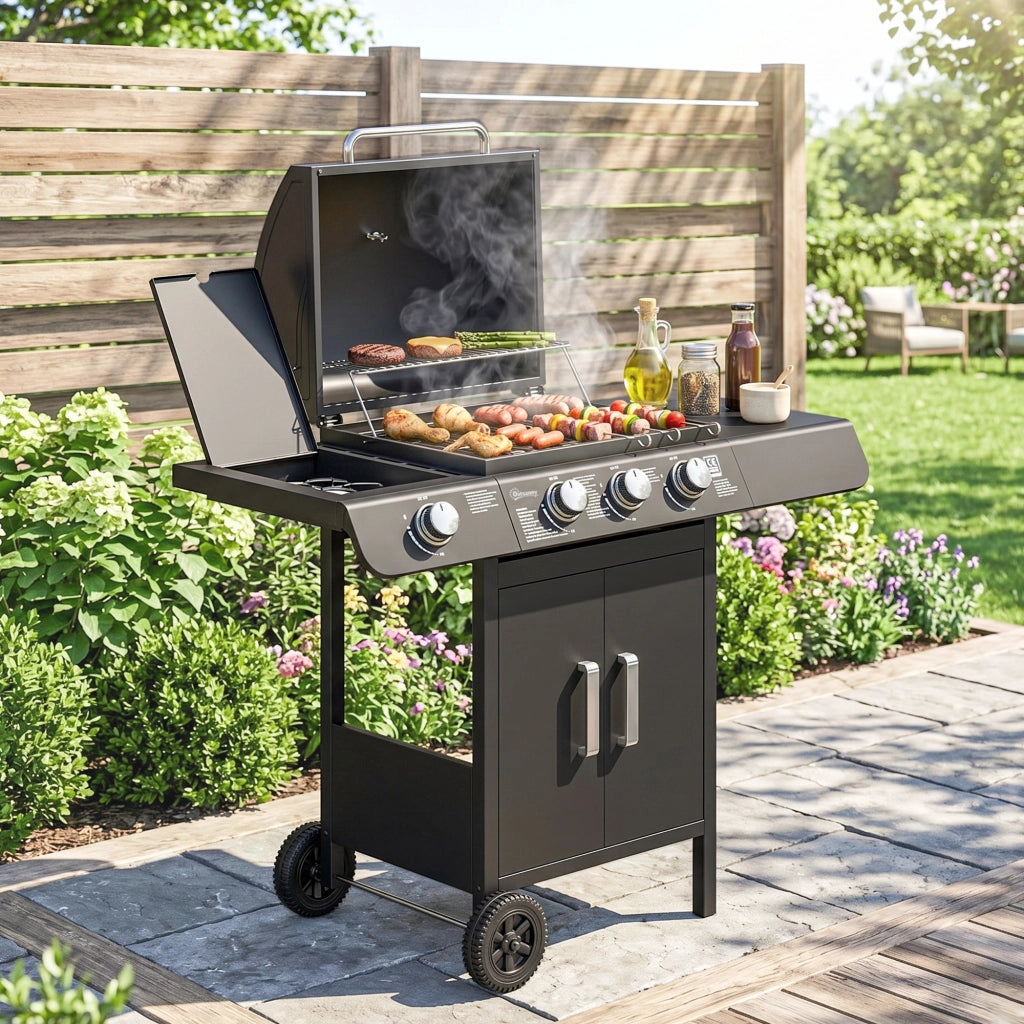 Barbecue a Gas 4 Bruciatori ¨C zephmum ¨C Grigio Antracite con Coperchio 110x50x100cm