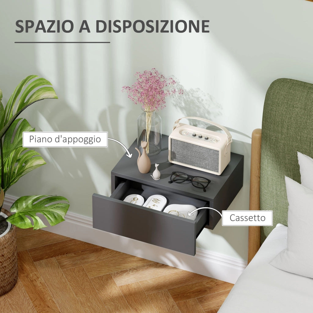 Comodino Sospeso Moderno 40x30x15 cm con Cassetto in Legno Nero