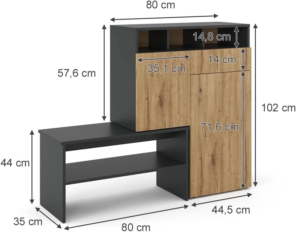 Mobile porta scarpe Selena, Grigio, 124.5 x 102 cm, con seduta e superfici d’appoggio variabili