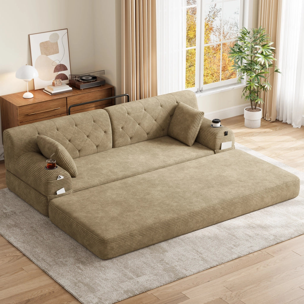 Divano letto compatto con schienale alto e 4 tasche laterali, portabicchieri, in tessuto corda cachi 208 × 80 × 81 cm