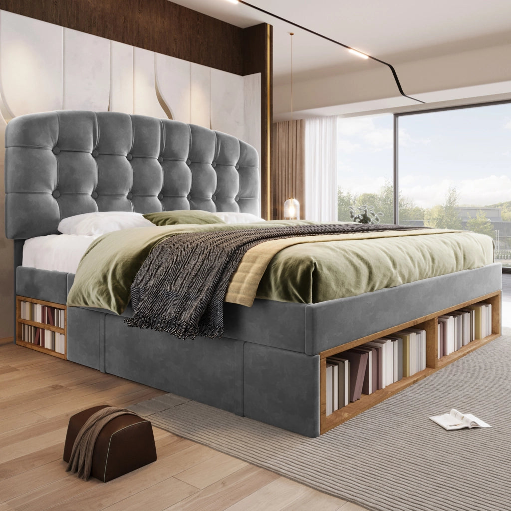 Letto matrimoniale 140x190 cm con cassetti e vani; testiera regolabile in velluto grigio