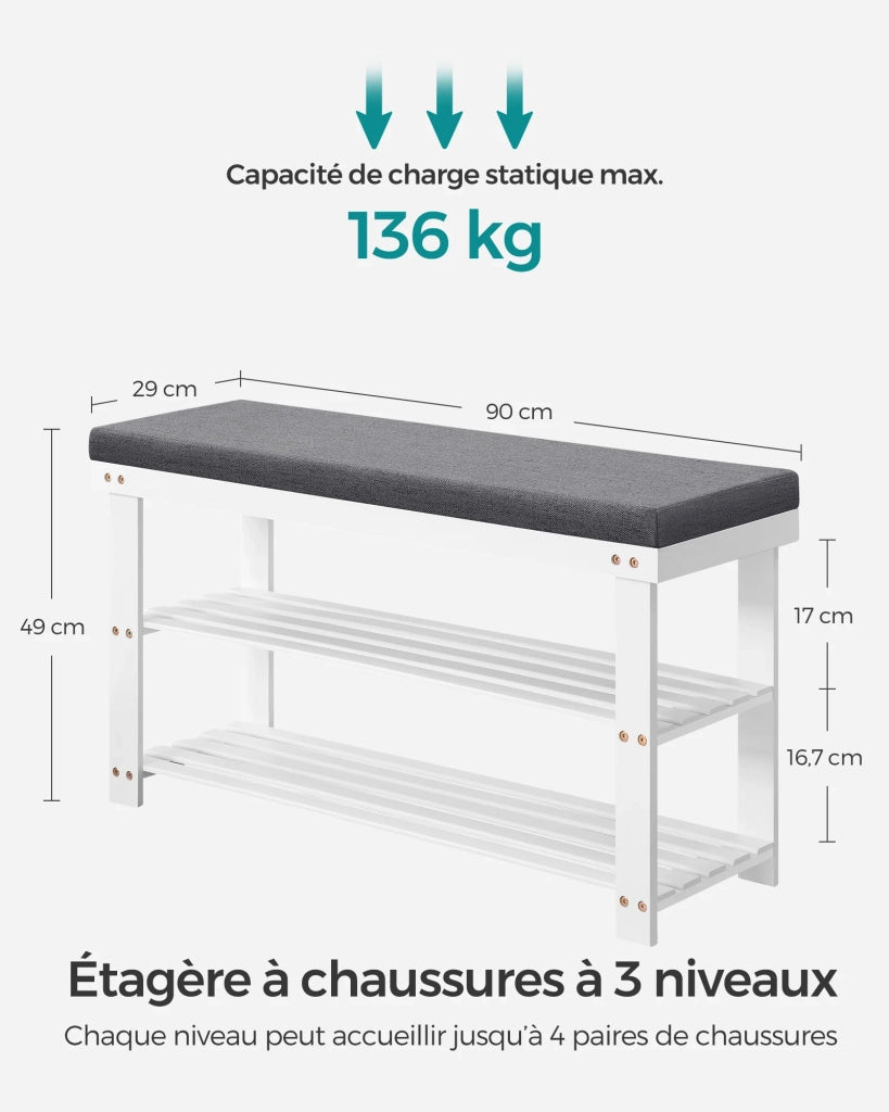 Panca portascarpe 29 x 90 x 49 cm Scarpiera in bambù con 2 ripiani Organizzatore stabile per corridoio Soggiorno Posti a sedere fino a 136 kg Bianco 12_0004134