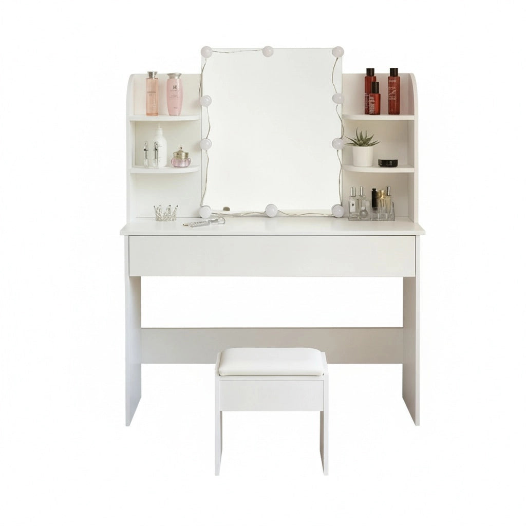 Toeletta con specchio - Xylo - LED, sgabello e 3 cassetti, bianco