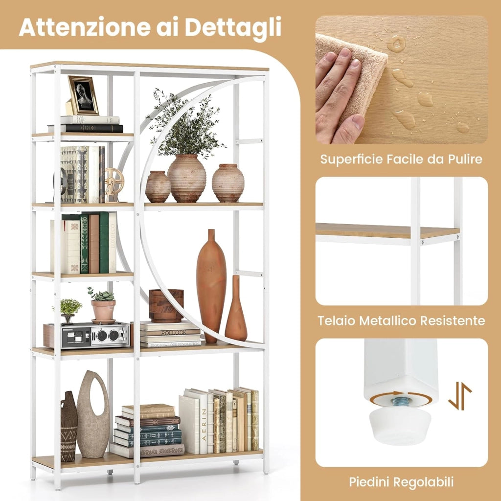Libreria Moderna a 6 Ripiani Aperti, Scaffale Alto Autoportante Forma di Mezzaluna, Struttura in Metallo, Organizzatore per Soggiorno Ufficio, 100x30x177 cm (Naturale)