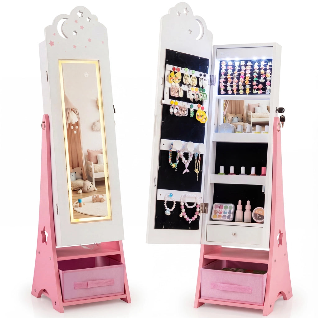 Mobiletto gioielli bambini luci specchio figura intera 4 sensore-Mobiletto portagioielli principessa terra camera sala giochi Bianco