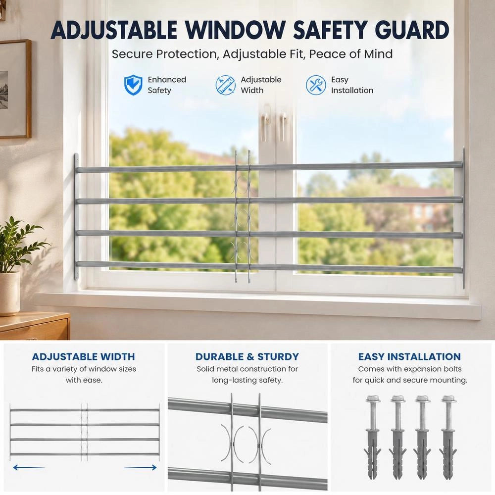 Adjustable Window Security Grille, Galvanized Steel With Decorative Bars, Anti-Theft Protection For Home Office, Silver, Width 1000-1500 Mm