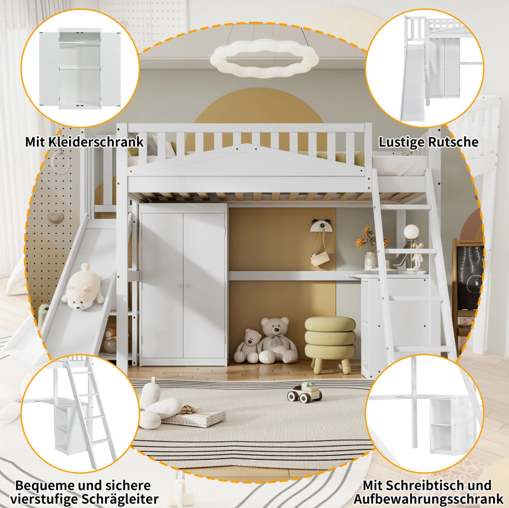 Letto a castello per bambini 90x200 cm con scivolo, scrivania e armadio