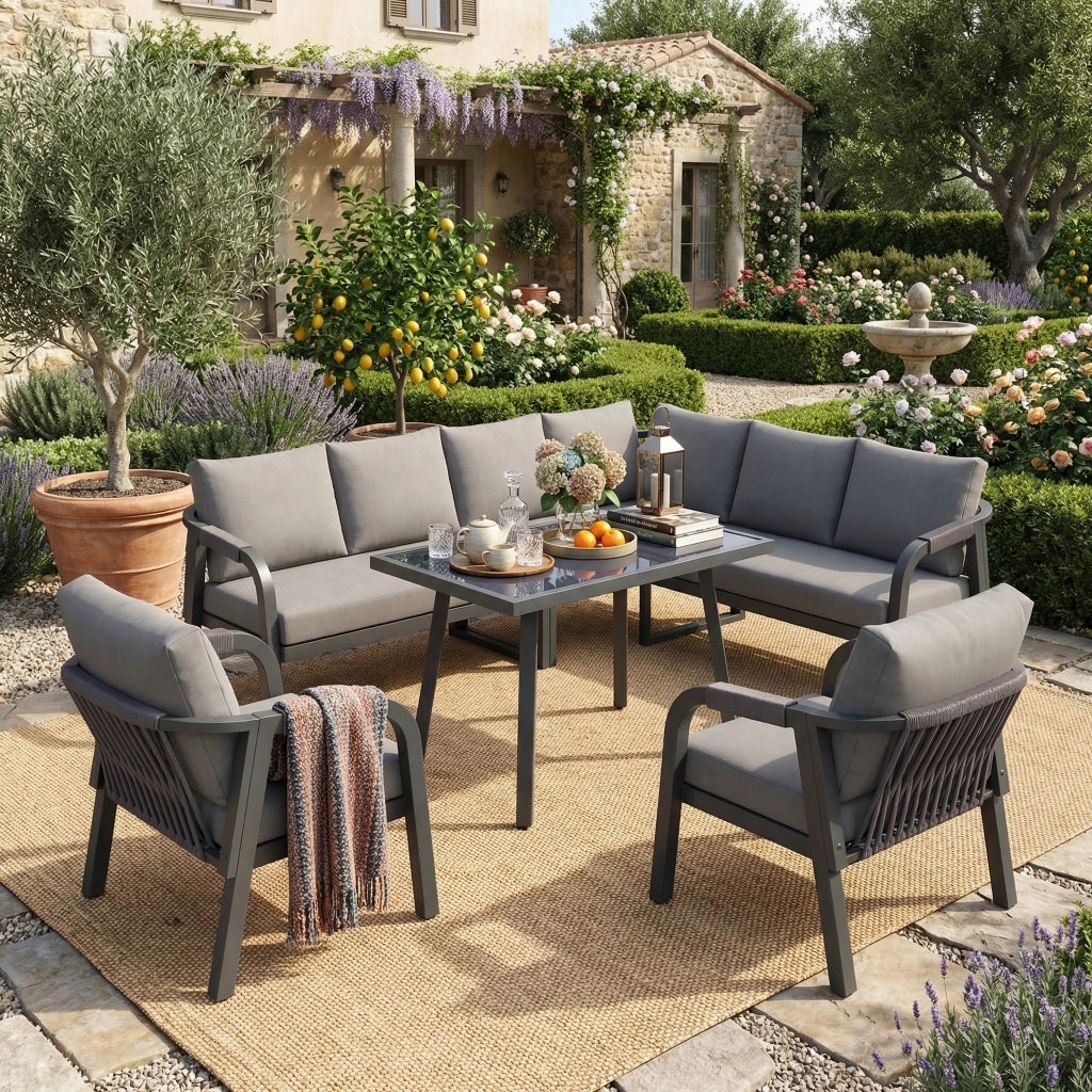 Set da pranzo da giardino set di mobili da giardino posti a sedere fino a 8 persone braccioli e schienali intrecciati tubi in acciaio zincato include divano d'angolo tavolo da pranzo e due poltrone colore: grigio
