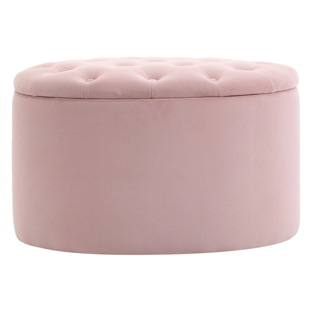 Pouf Contenitore con Coperchio Imbottito e Trapuntato, Poggiapiedi in Velluto Ovale per Salotto e Camera da Letto, Rosa