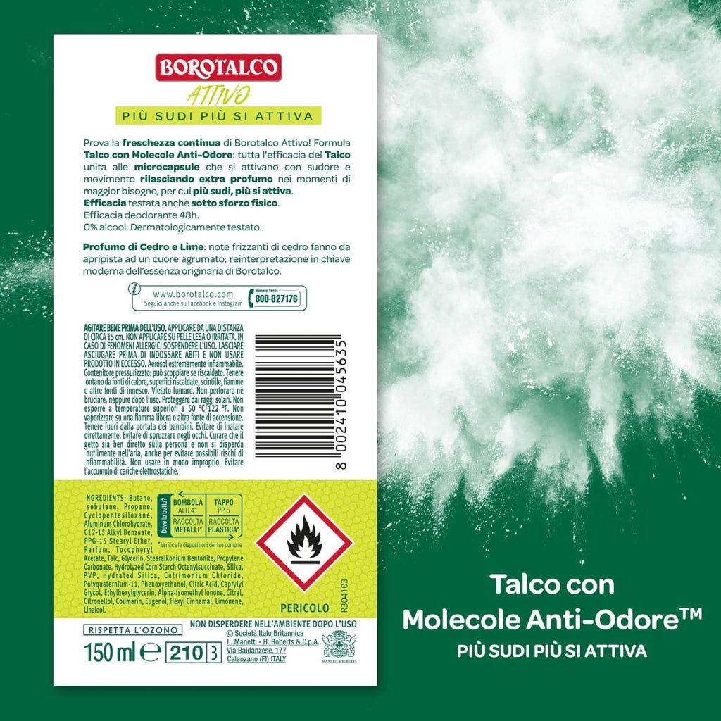 BOROTALCO SET 4 DEODORANTI SPRAY INVISIBILE GIALLO NO ALCOOL CON TALCO MOLECOLE ANTI ODORE 150 ML NEW ATTIVO