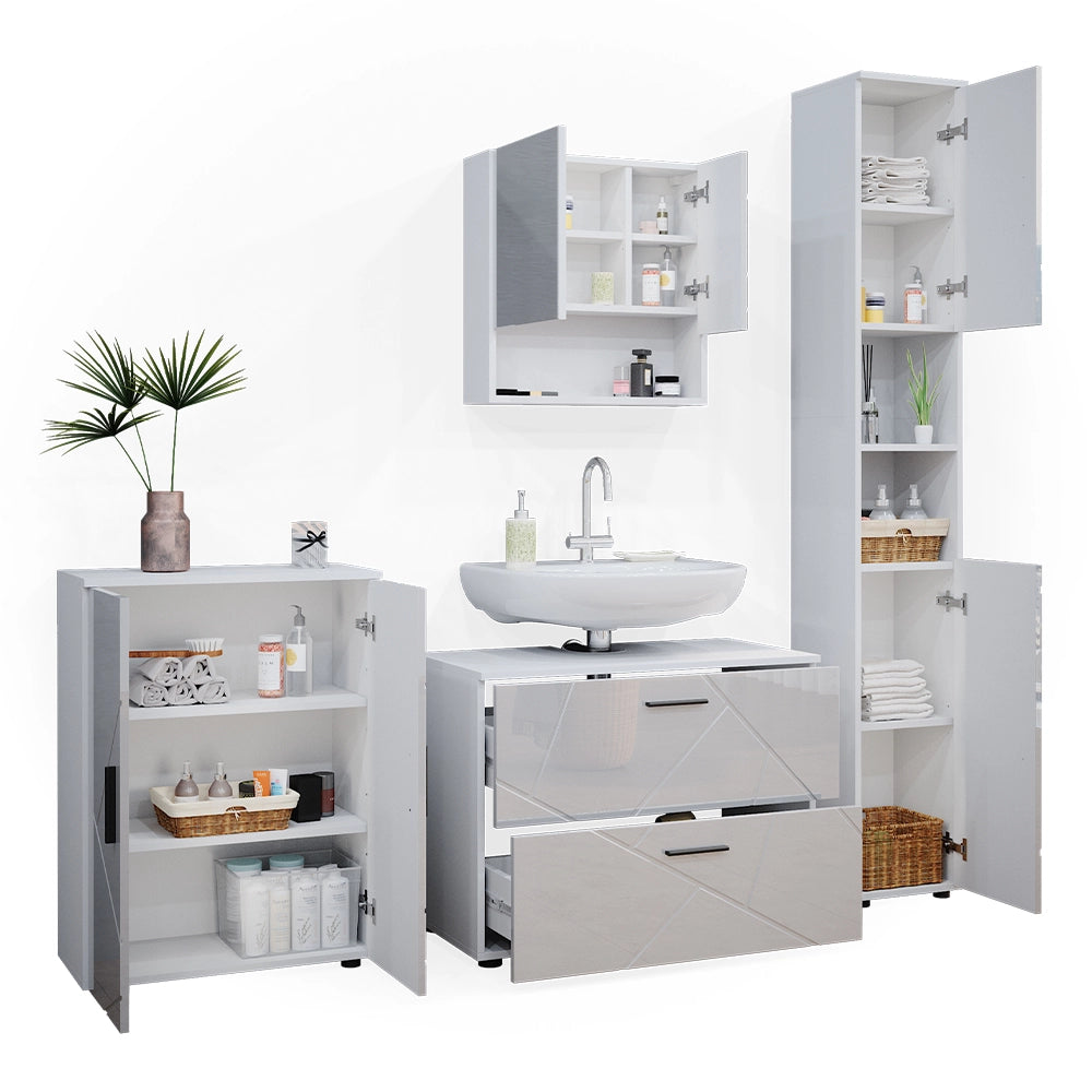 Vicco Set mobili bagno Bianco lucido 4 pezzi, con cassettiera e mobile midi