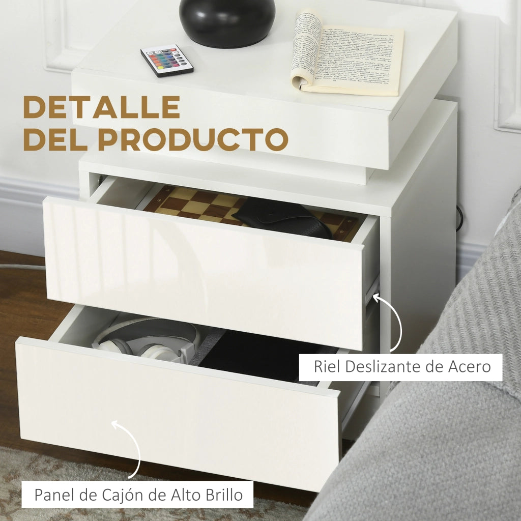 Comodino con Luci LED e 2 Cassetti ¨C Zephmum ¨C Bianco, Multistrato, 45x35x52 cm