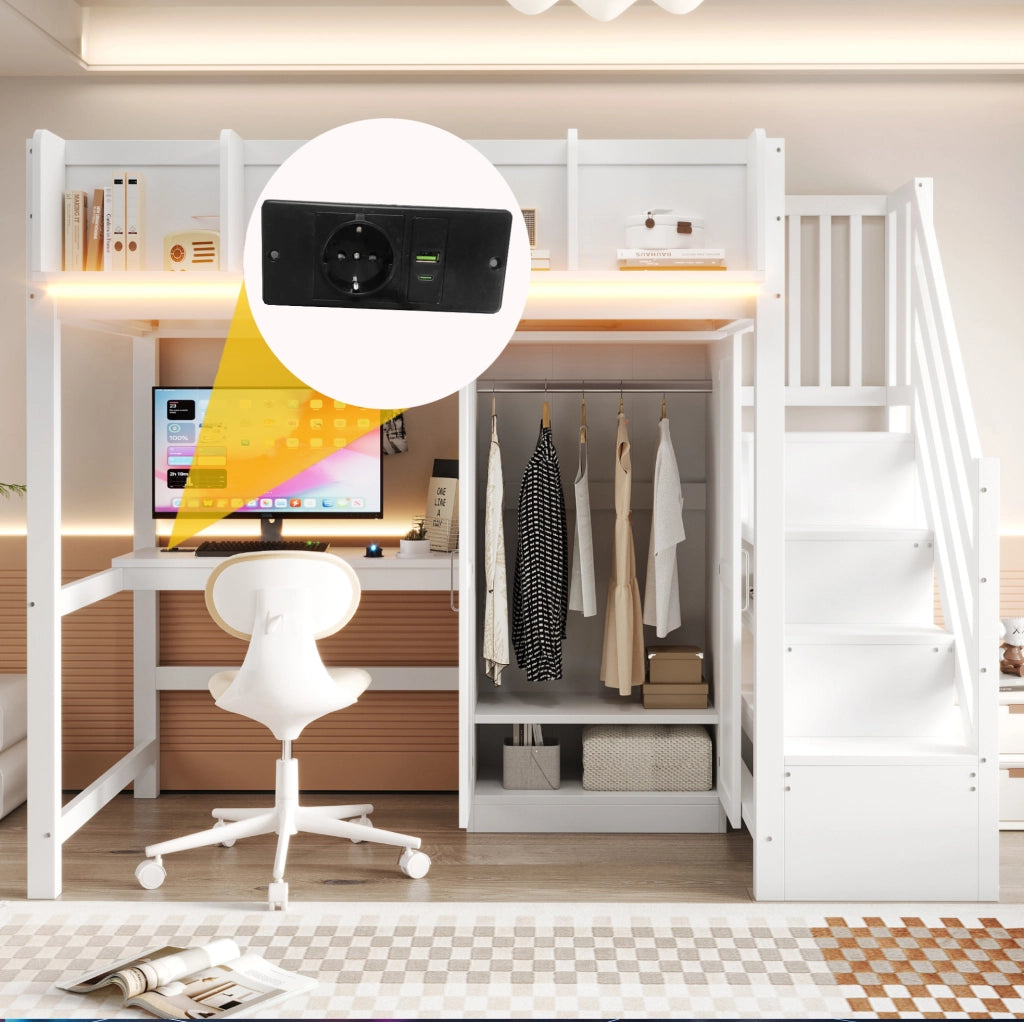 Letto a soppalco 90x200 cm con scrivania; armadio; LED e presa; bianco