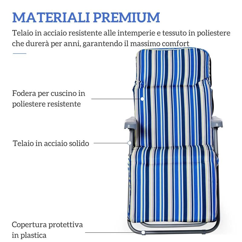 SET 2 SDRAIO PIEGHEVOLI CON SCHIENALE REGOLABILE A 5 LIVELLI, IN ACCIAIO E POLIESTERE, 60X75X102 CM, BLU E CREMA