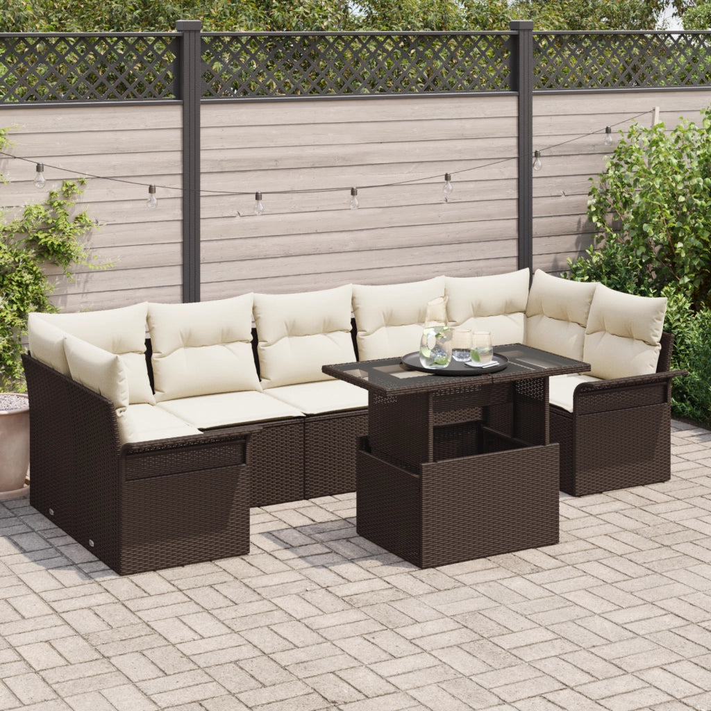 Set di Divani da Giardino 8 Pezzi con Cuscini Marrone Polirattan