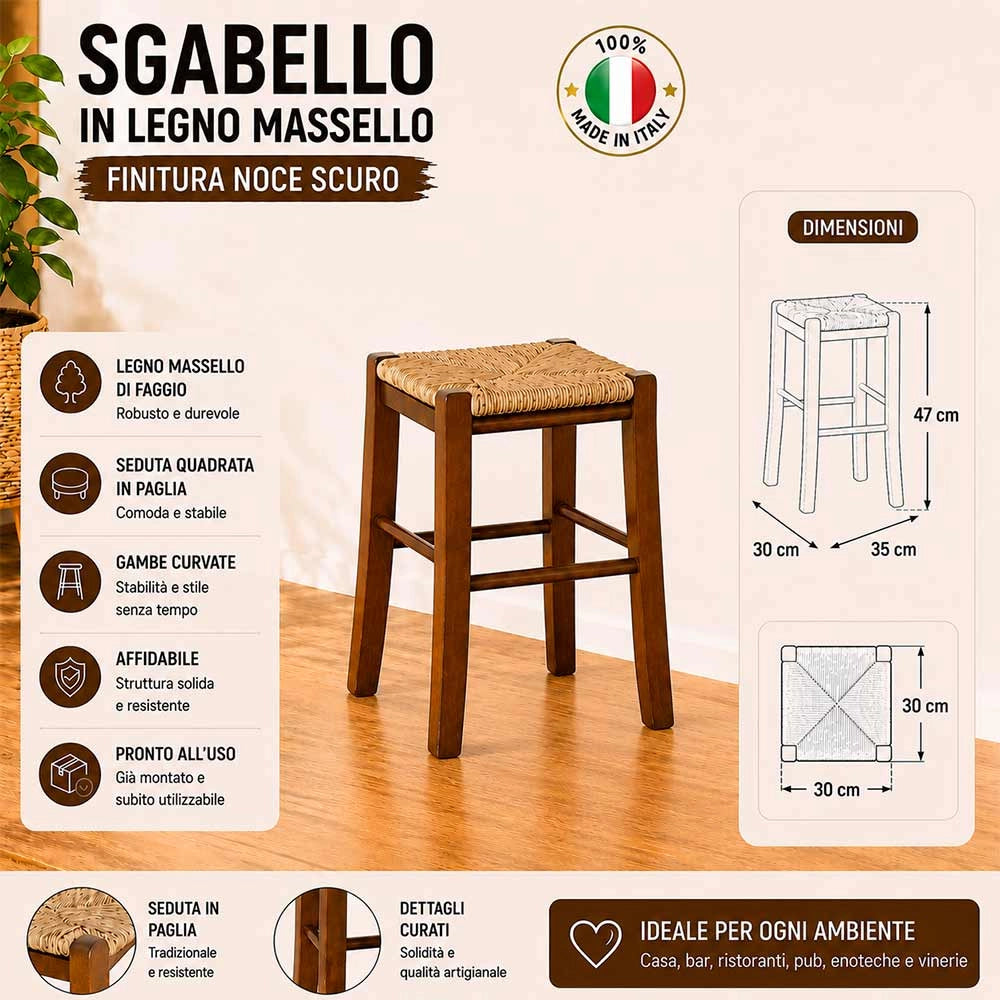 Sgabello legno noce scuro h 47 cm con seduta quadrata in paglia e gambe curvate