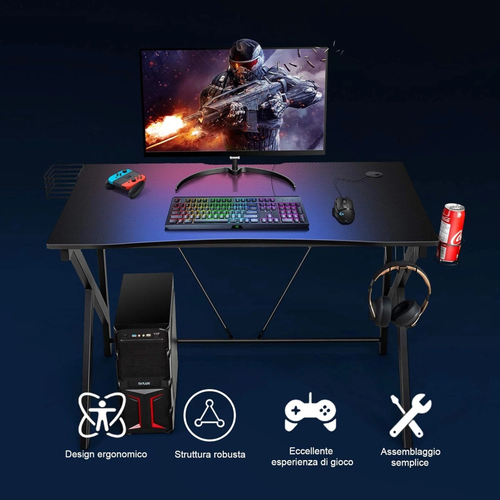 Scrivania Gaming Ergonomica, Tavolo da Gioco per Computer, con Porta Bicchiere e Gancio per Cuffie, Nero 115x73x76,5 cm