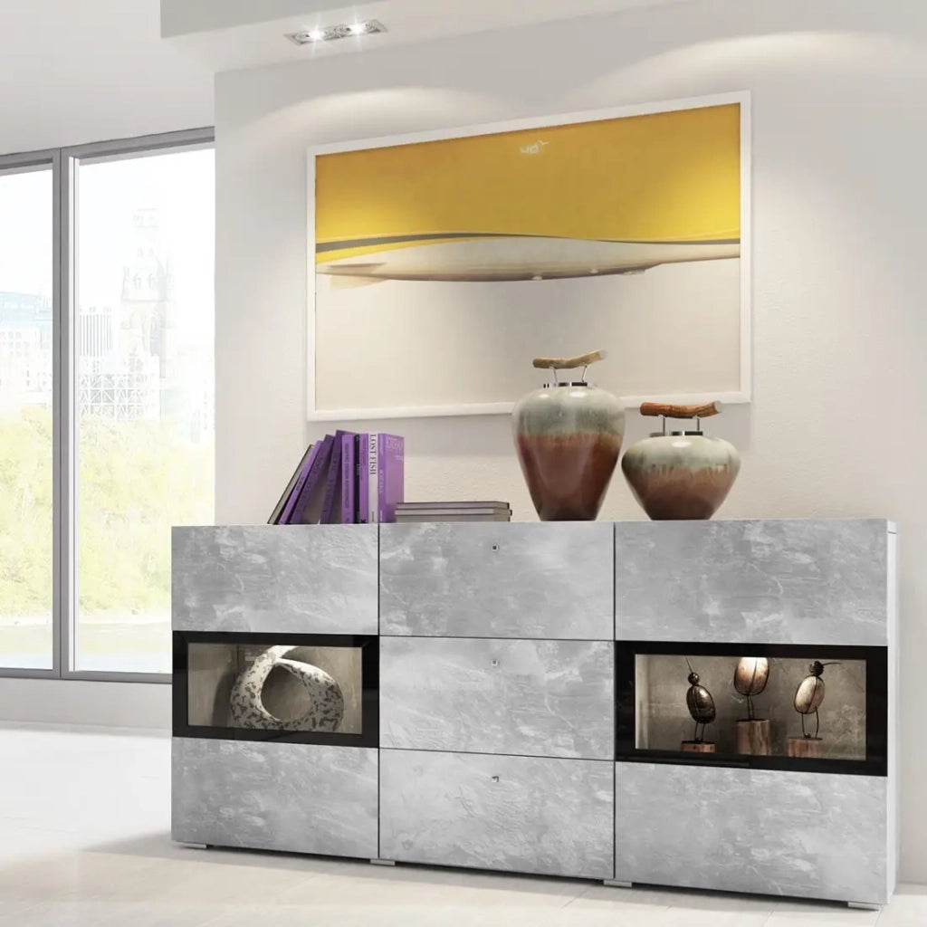 Buffet RAMOS – 2 porte in vetro + 3 cassetti – Grigio effetto cemento e nero – Senza LED