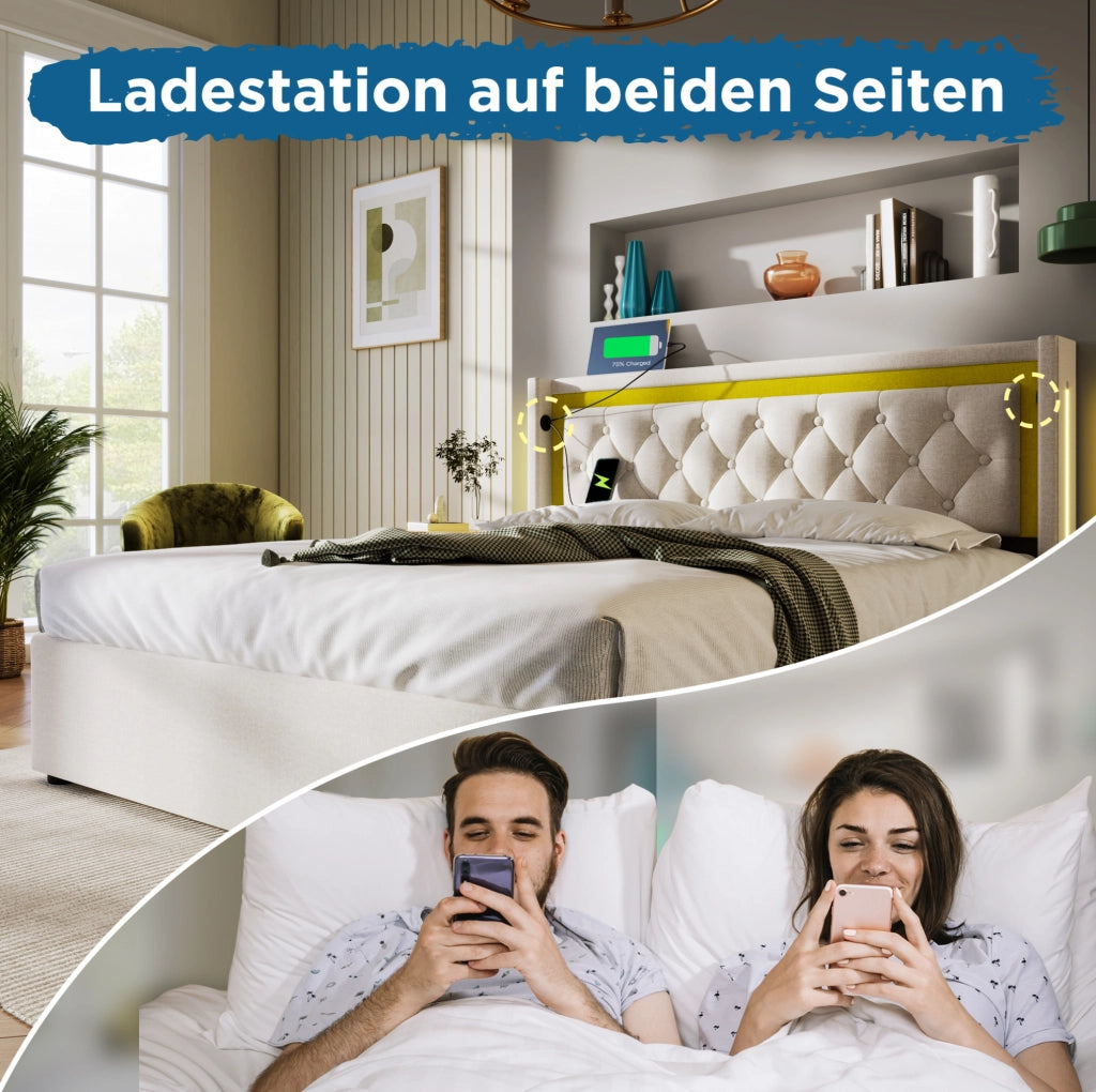 Letto matrimoniale contenitore 140x200 cm con LED e ricarica USB Type-C; beige chiaro; con materasso