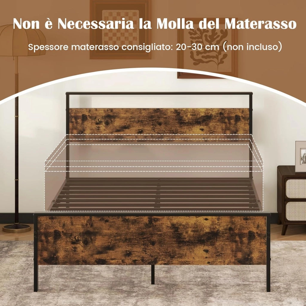 Struttura Letto Matrimoniale 200 x 140 cm, con Pediera e Testiera in Legno Industriale, Telaio da Letto con Doghe in Metallo Robusto, Carico Massimo 360 kg