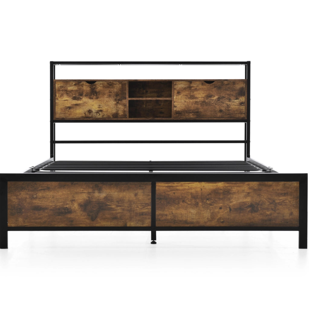 Letto matrimoniale 140x200 cm; testiera contenitore; metallo e MDF; colore naturale (Senza materasso)