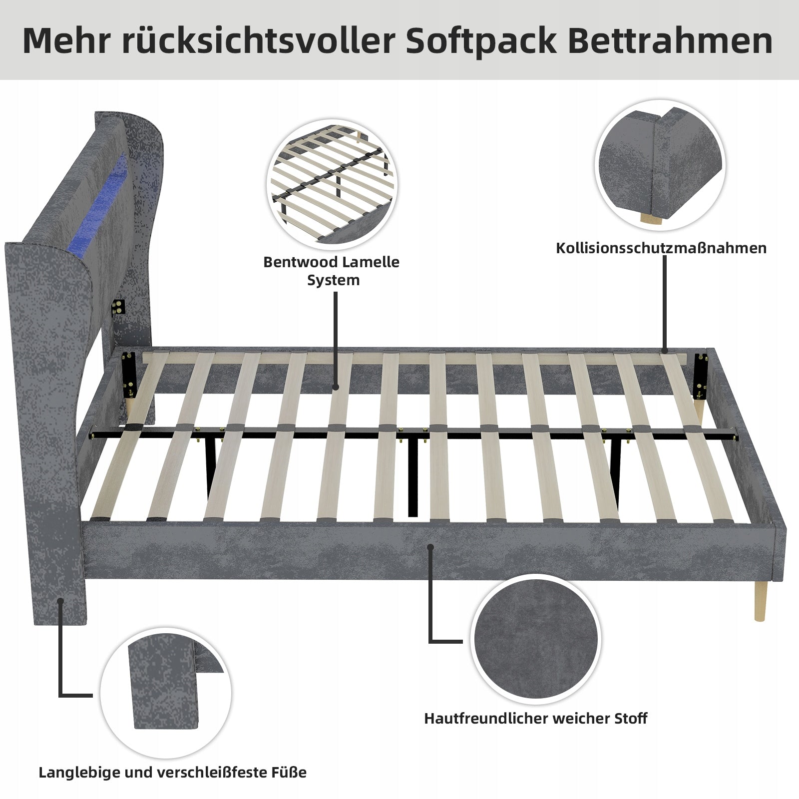 Letto imbottito - Xylo - 160x200 - Grigio - Luci LED