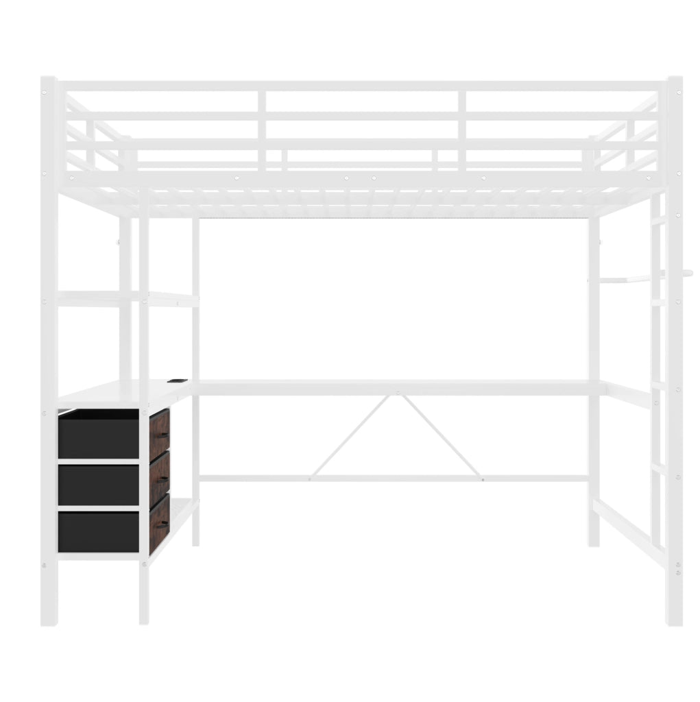 Letto a soppalco 140x200 cm con scrivania; LED; cassetti in metallo e MDF bianco