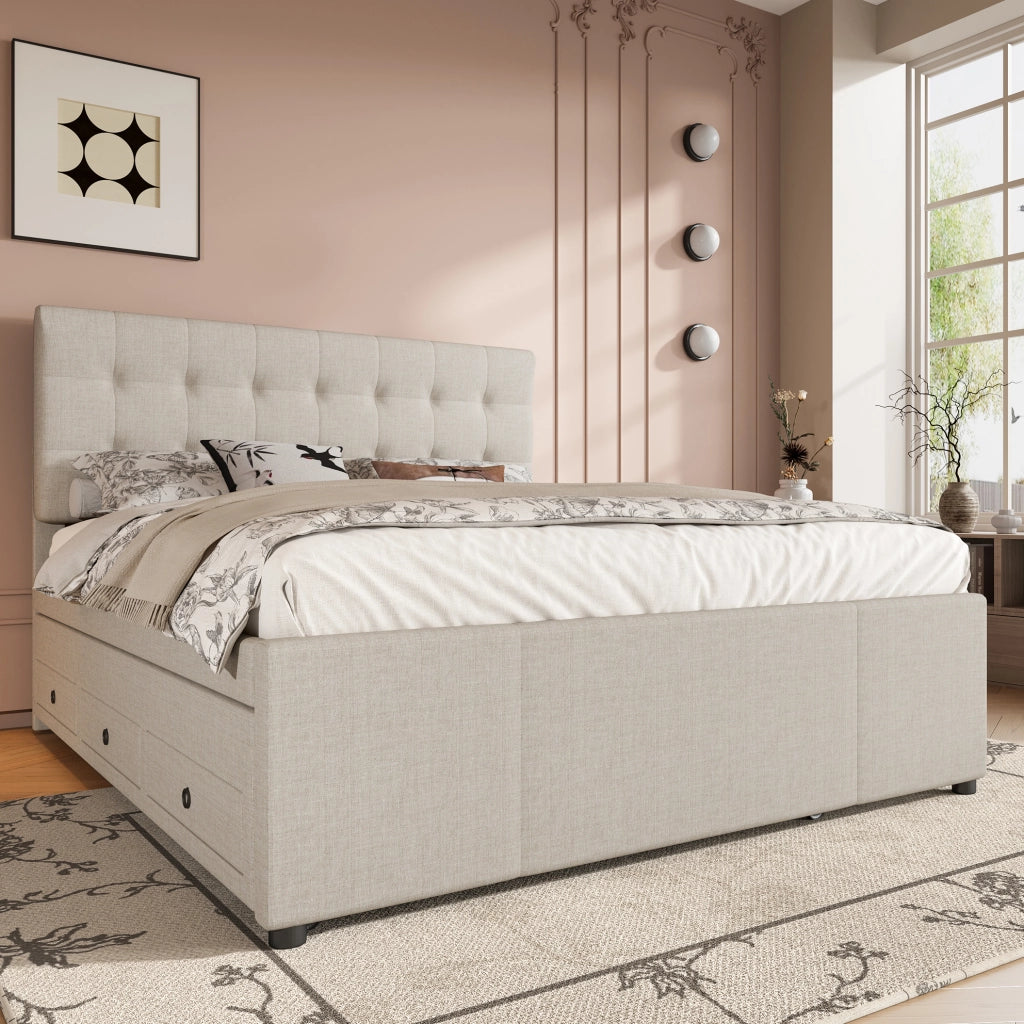 Letto imbottito 140x200 cm con letto estraibile e 3 cassetti; testiera regolabile; lino e MDF beige (Senza materasso)