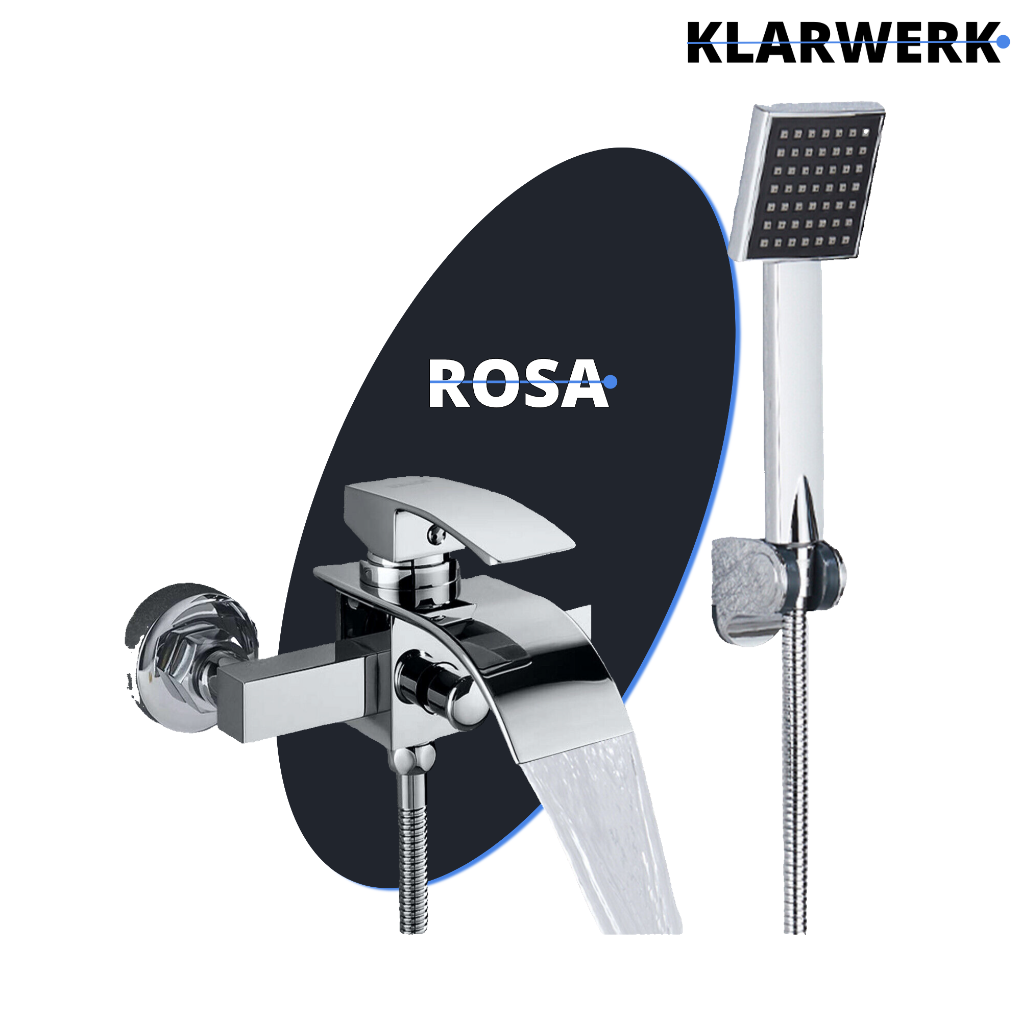 "ROSA" | Rubinetto per vasca a cascata doccia cromata| in acciaio inox con doccetta e supporto Set completo termostato vasca con rubinetto miscelatore