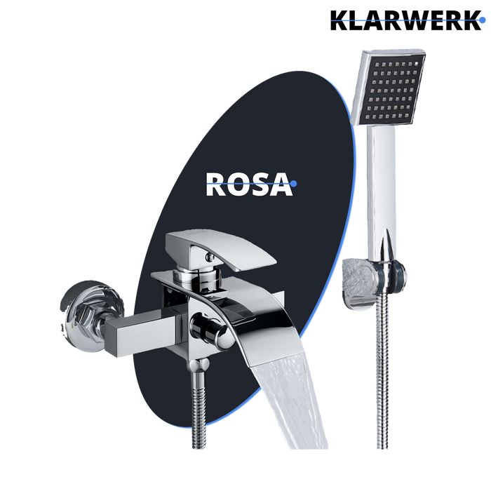 "ROSA" | Rubinetto per vasca a cascata doccia cromata| in acciaio inox con doccetta e supporto Set completo termostato vasca con rubinetto miscelatore
