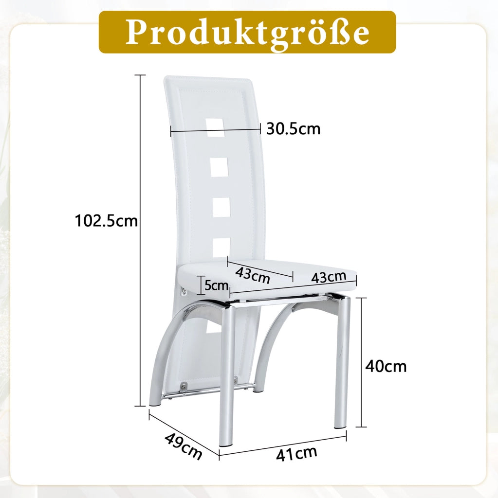 Set 2 sedie da pranzo con schienale traforato geometrico; 102;5 cm; PU bianco e metallo argento