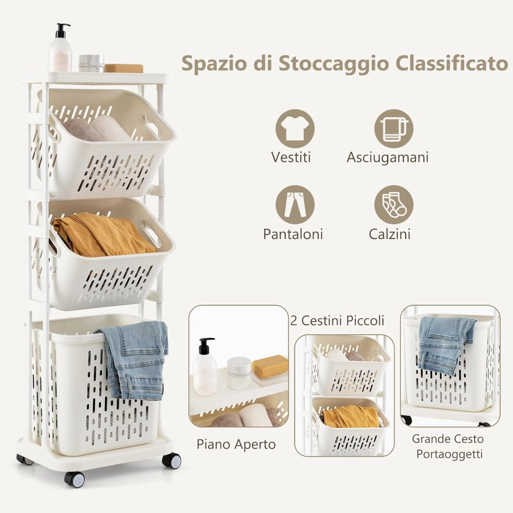 Carrello per Lavanderia a 3 Ripiani, Organizzatore per Bucato con 4 Ruote Girevoli e 3 Cestini, Carrello Sottile Multiuso per Bagno Lavanderia, 40 x 30 x 112 cm