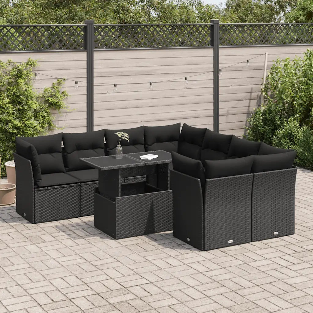 Set Divani da Giardino 9 pz con Cuscini Nero in Polyrattan