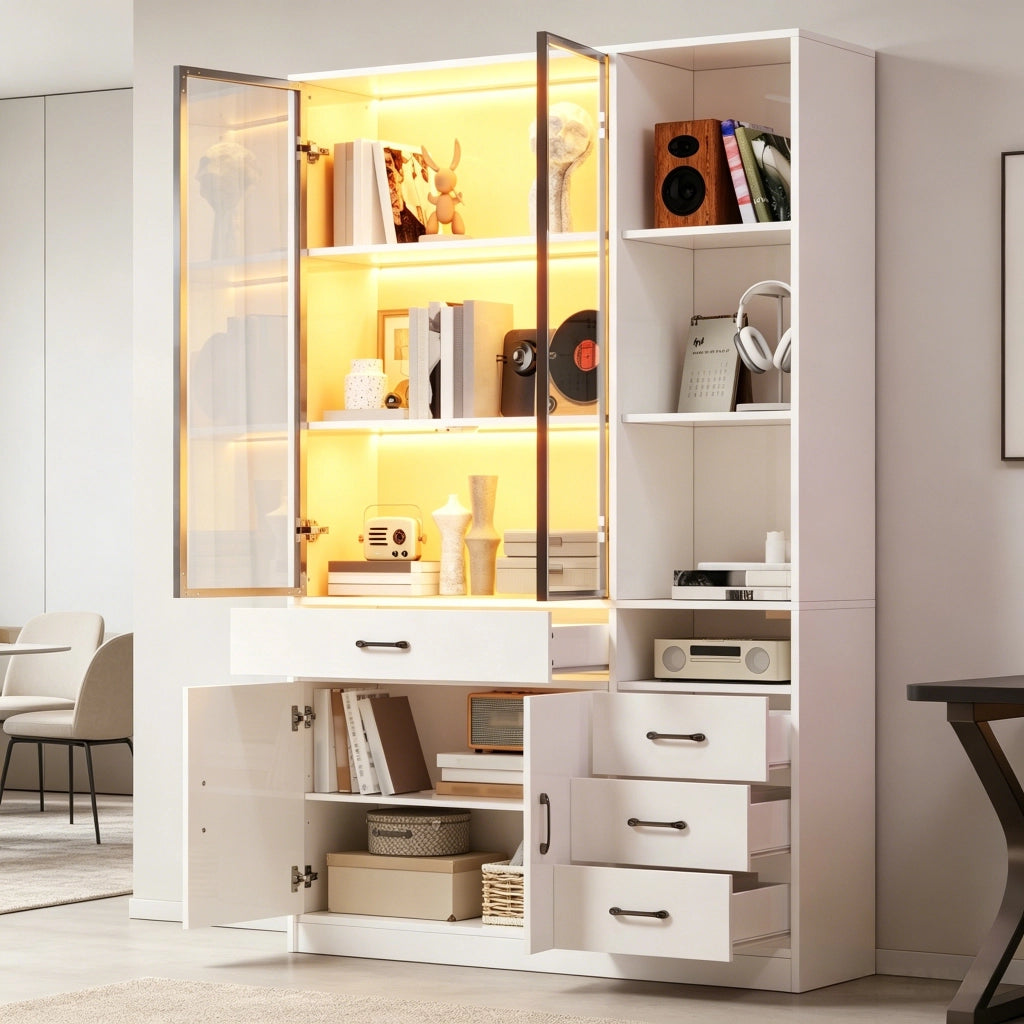 Libreria alta bianca con vetrina 120 x 35 x 200 cm; 4 cassetti e illuminazione LED