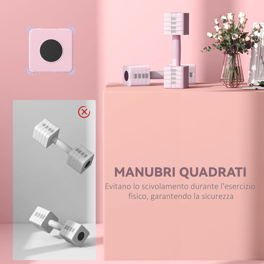 Set 2 Manubri Pesi Quadrati e Antiscivolo da 5 kg con Piastre Rimovibili in Acciaio e ABS Rosa