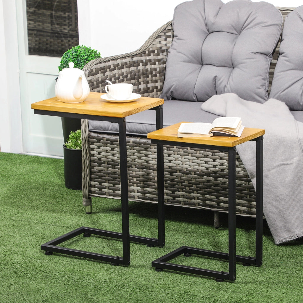 Easycomfort Set 2 Tavolini da Giardino a C in Metallo e Legno di Pino con Design Impilabile, 40x30x60 cm