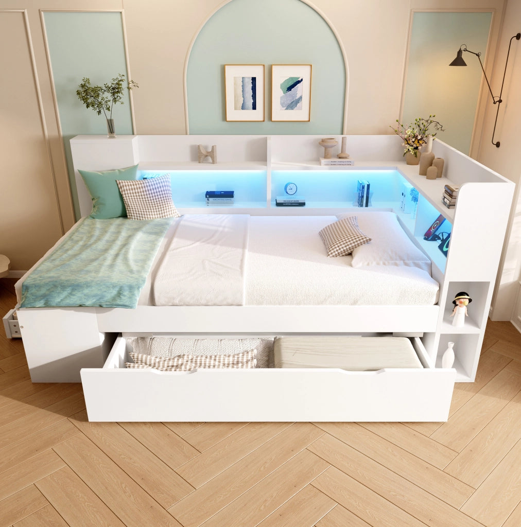 Letto singolo 90x200 cm bianco con materasso, LED, USB e cassetti