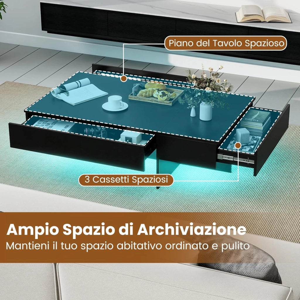 Tavolino da Salotto Moderno, Tavolino da Caffè con Luci LED Regolabili, 3 Cassetti e Telecomando, Tavolo Basso Rettangolare per Soggiorno, Studio e Ufficio, 120 x 70 x 35 cm (Nero)
