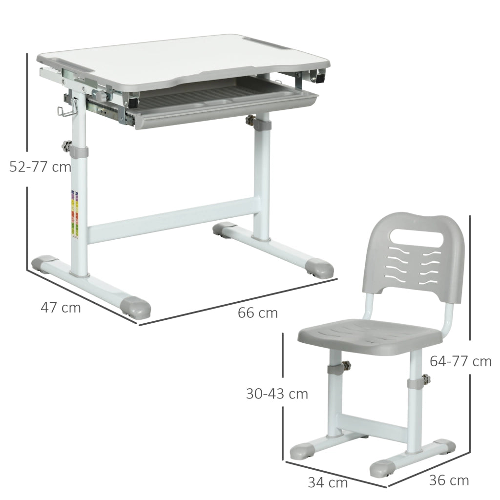 Scrivania Bambini con Sedia e Altezza Regolabile ¨C Zephmum ¨C Grigio, Legno, 66x47x52-77 cm