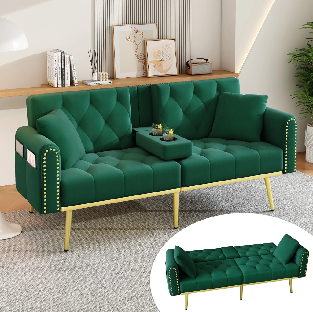 Divano letto 175x80x73.5 cm con schienale reclinabile in velluto verde
