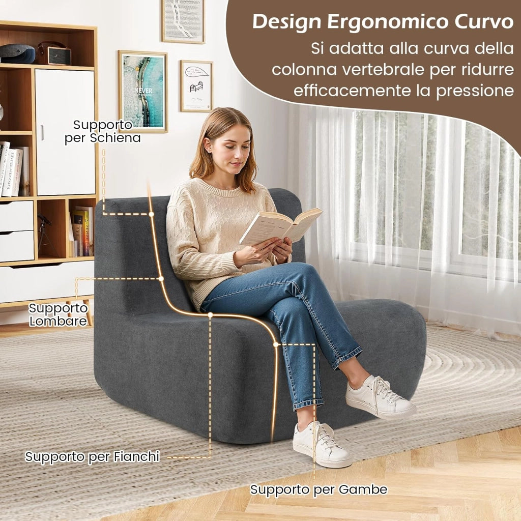 Divano Singolo da Pavimento, Poltrona da Divano con Morbido Velluto e Supporto Ergonomico, Poltrona Sacco da Lettura per Soggiorno, Camera da Letto (Grigio)
