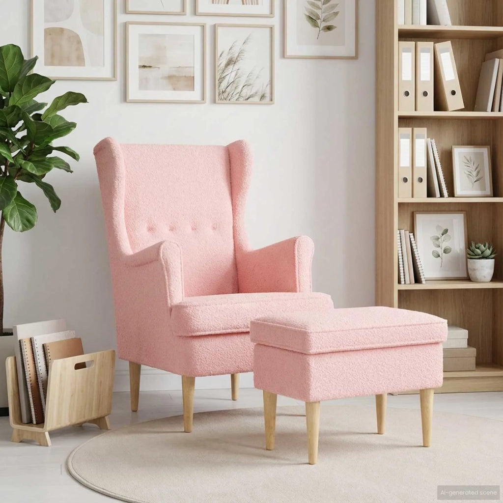 Poltrona con Ottomano 2 pz Rosa Bouclé 3418835