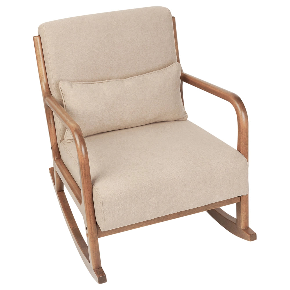 Sedia a dondolo Beige Tessuto Gambe in legno con braccioli e cuscino Soggiorno classico tradizionale