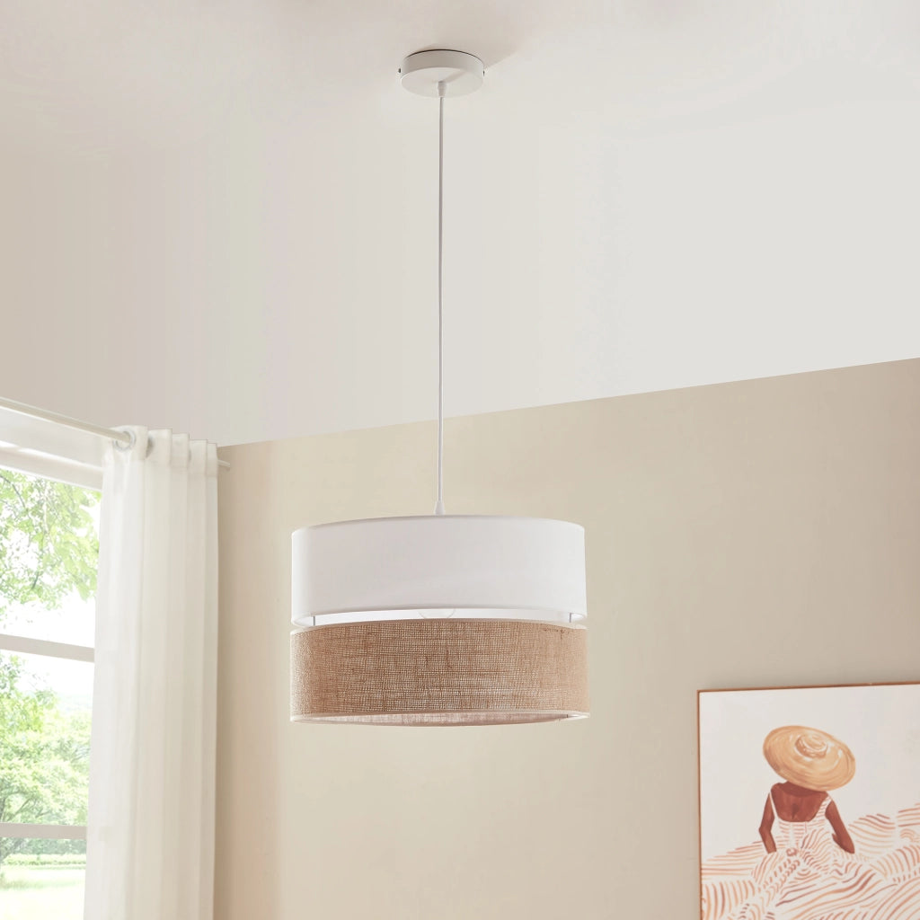Lampada a Sospensione Barton con Doppio Paralume Cilindrico - Bianco / Effetto Lino lux.pro